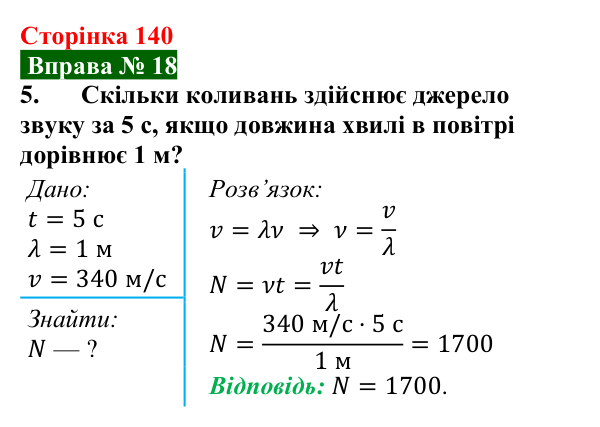 Відповідь до вправи № 18, завдання 5 (с. 140) з фізики для 9 класу (Бар’яхтар, 2026): Звукові хвилі
