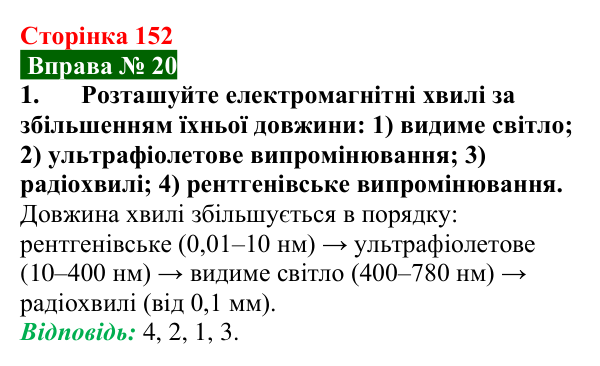 Відповідь до вправи № 20, завдання 1 (с. 152) з фізики для 9 класу (Бар’яхтар, 2026): Шкала електромагнітних хвиль
