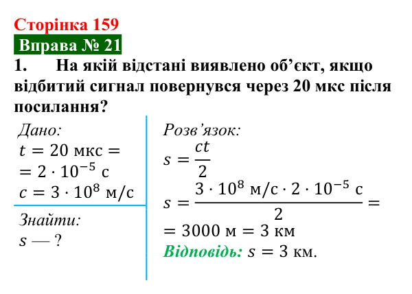 Відповідь до вправи № 21, завдання 1 (с. 159) з фізики для 9 класу (Бар’яхтар, 2026): Стільниковий зв’язок і радіолокація