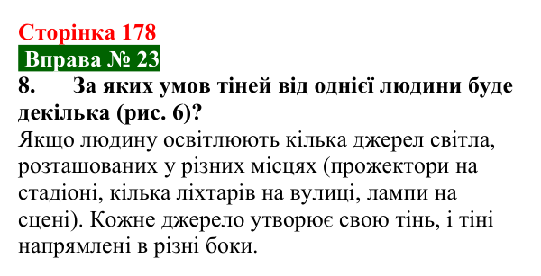 Відповідь до вправи № 23, завдання 8 (с. 178) з фізики для 9 класу (Бар’яхтар, 2026): Поширення світла