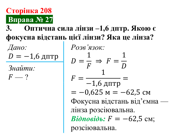 Відповідь до вправи № 27, завдання 3 (с. 208) з фізики для 9 класу (Бар’яхтар, 2026): Лінзи. Оптична сила лінзи