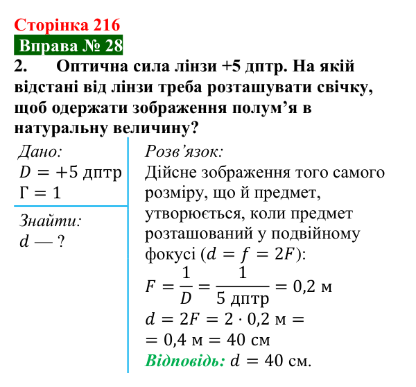 Відповідь до вправи № 28, завдання 2 (с. 216) з фізики для 9 класу (Бар’яхтар, 2026): Побудова зображень у лінзах