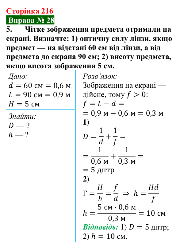 Відповідь до вправи № 28, завдання 5 (с. 216) з фізики для 9 класу (Бар’яхтар, 2026): Побудова зображень у лінзах