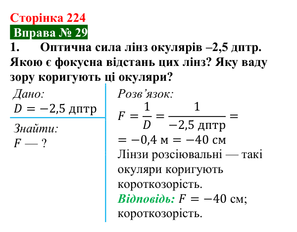 Відповідь до вправи № 29, завдання 1 (с. 224) з фізики для 9 класу (Бар’яхтар, 2026): Око як оптична система