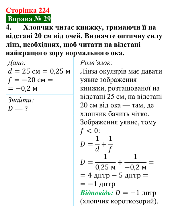 Відповідь до вправи № 29, завдання 4 (с. 224) з фізики для 9 класу (Бар’яхтар, 2026): Око як оптична система