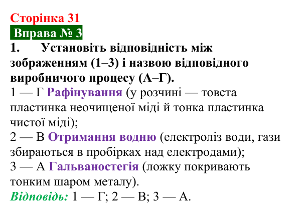 Відповідь до вправи № 3, завдання 1 (с. 31) з фізики для 9 класу (Бар’яхтар, 2026): Застосування електролізу