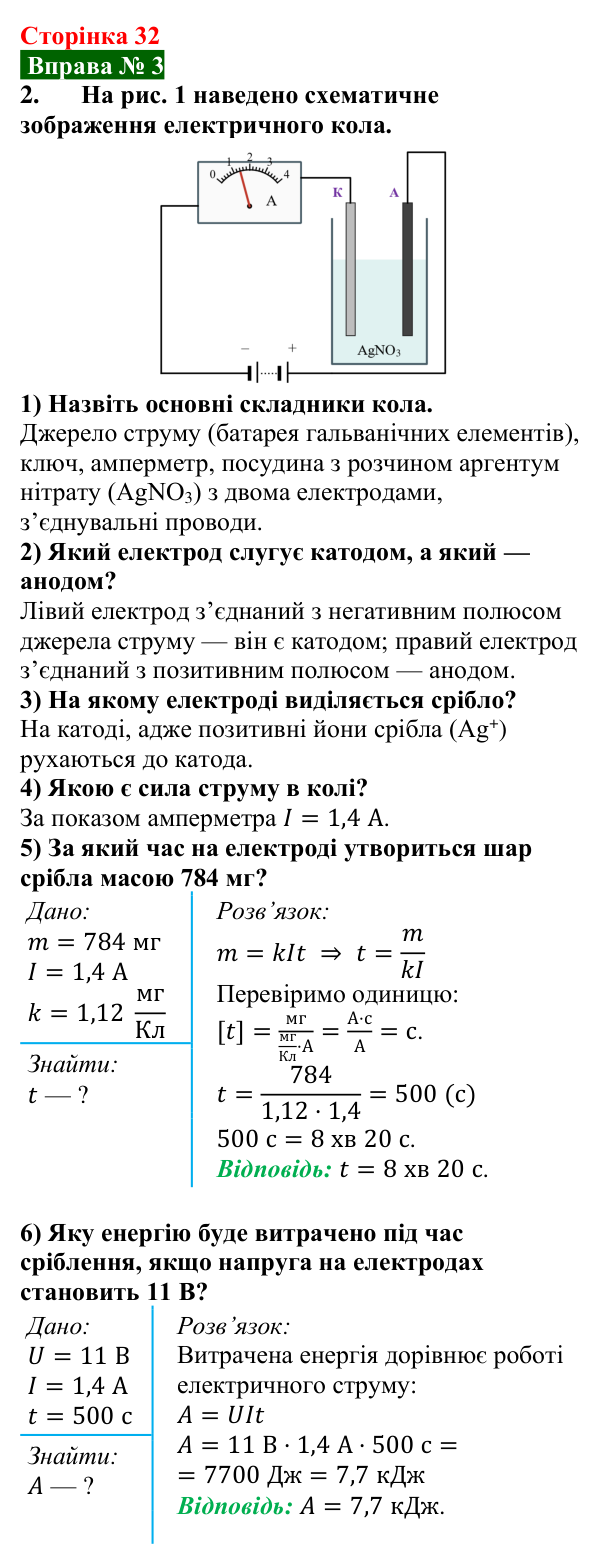 Відповідь до вправи № 3, завдання 2 (с. 32) з фізики для 9 класу (Бар’яхтар, 2026): Застосування електролізу