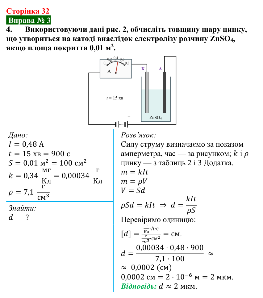 Відповідь до вправи № 3, завдання 4 (с. 32) з фізики для 9 класу (Бар’яхтар, 2026): Застосування електролізу