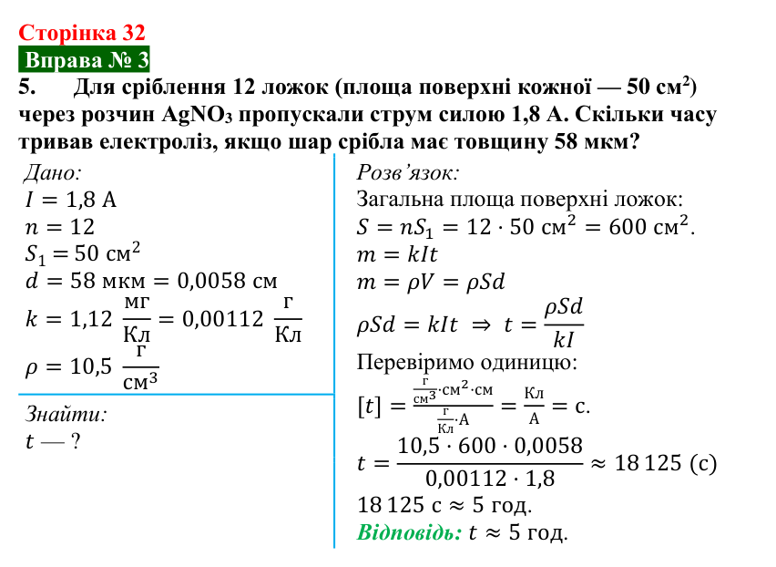 Відповідь до вправи № 3, завдання 5 (с. 32) з фізики для 9 класу (Бар’яхтар, 2026): Застосування електролізу
