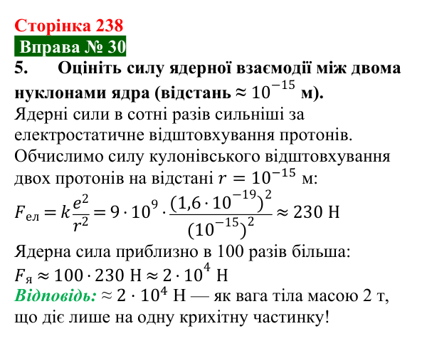 Відповідь до вправи № 30, завдання 5 (с. 238) з фізики для 9 класу (Бар’яхтар, 2026): Моделі атома та атомного ядра