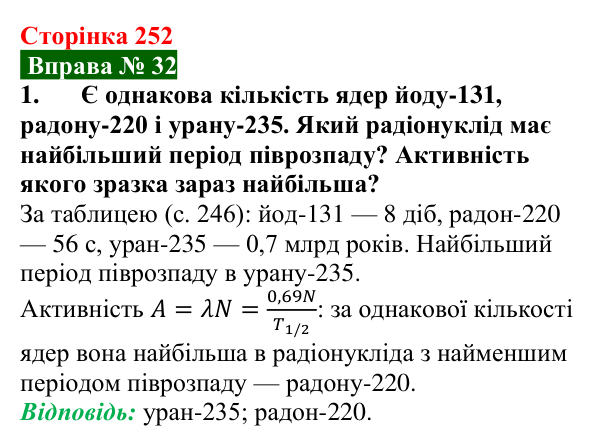 Відповідь до вправи № 32, завдання 1 (с. 252) з фізики для 9 класу (Бар’яхтар, 2026): Активність радіоактивної речовини