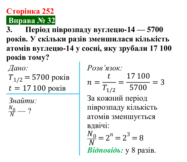 Відповідь до вправи № 32, завдання 3 (с. 252) з фізики для 9 класу (Бар’яхтар, 2026): Активність радіоактивної речовини
