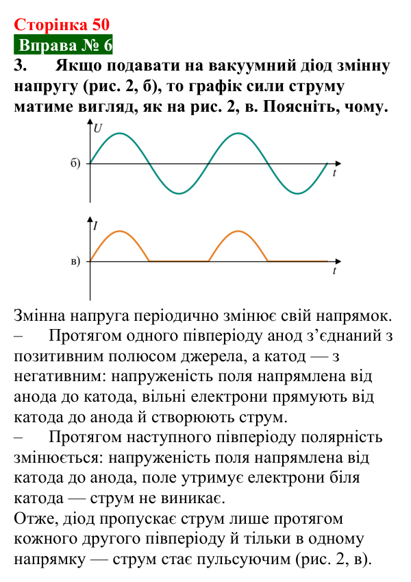 Відповідь до вправи № 6, завдання 3 (с. 50) з фізики для 9 класу (Бар’яхтар, 2026): Електричний струм у вакуумі