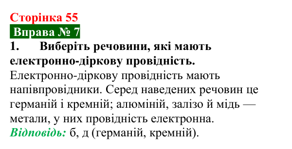 Відповідь до вправи № 7, завдання 1 (с. 55) з фізики для 9 класу (Бар’яхтар, 2026): Власна провідність напівпровідників