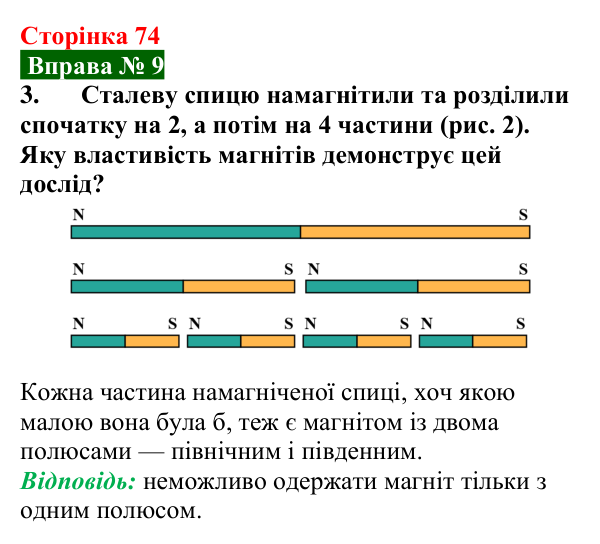 Відповідь до вправи № 9, завдання 3 (с. 74) з фізики для 9 класу (Бар’яхтар, 2026): Магнітні явища. Магнітне поле