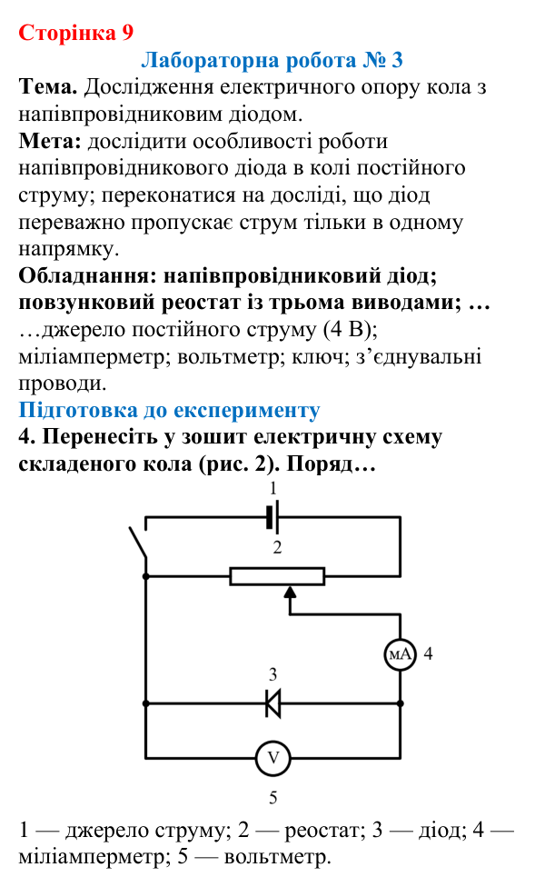 Відповідь до сторінки 9 зошита для лабораторних робіт (роботи з використанням стандартного обладнання) з фізики для 9 класу (Божинова, 2026): Лабораторна робота № 3. Дослідження електричного опору кола з напівпровідниковим діодом
