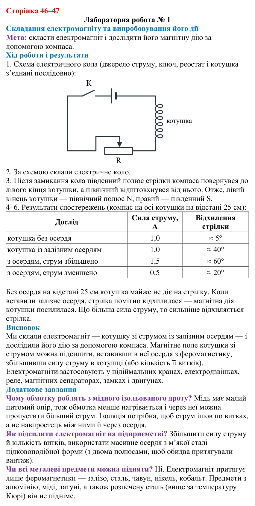 Відповідь до лабораторної роботи № 1 (с. 46–47) з фізики для 9 класу (Максимович, 2026): Електромагніти. Магнітна левітація
