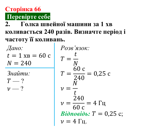 Відповідь до завдання 2 (с. 66) з фізики для 9 класу (Максимович, 2026): Механічні коливання. Характеристики коливань