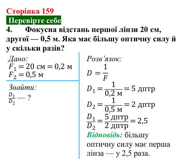 Відповідь до завдання 4 (с. 159) з фізики для 9 класу (Максимович, 2026): Лінзи. Оптична сила і фокусна відстань лінзи