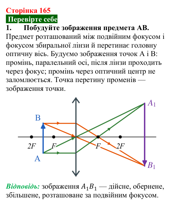 Відповідь до завдання 1 (с. 165) з фізики для 9 класу (Максимович, 2026): Отримання зображень за допомогою лінзи. Формула...