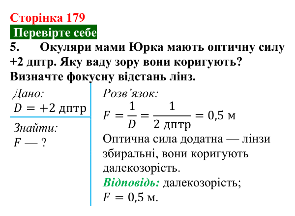 Відповідь до завдання 5 (с. 179) з фізики для 9 класу (Максимович, 2026): Око як оптичний прилад. Вади зору та їх...