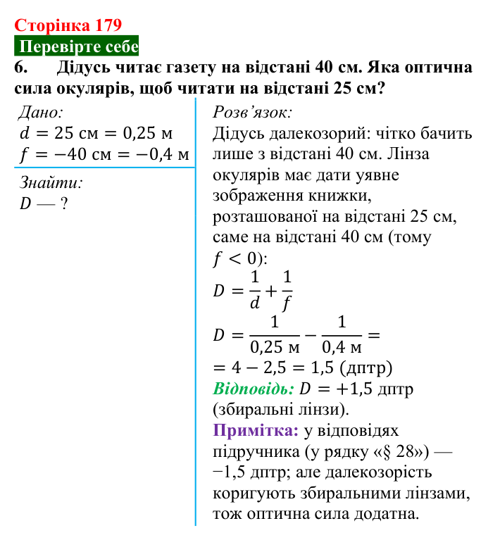 Відповідь до завдання 6 (с. 179) з фізики для 9 класу (Максимович, 2026): Око як оптичний прилад. Вади зору та їх...