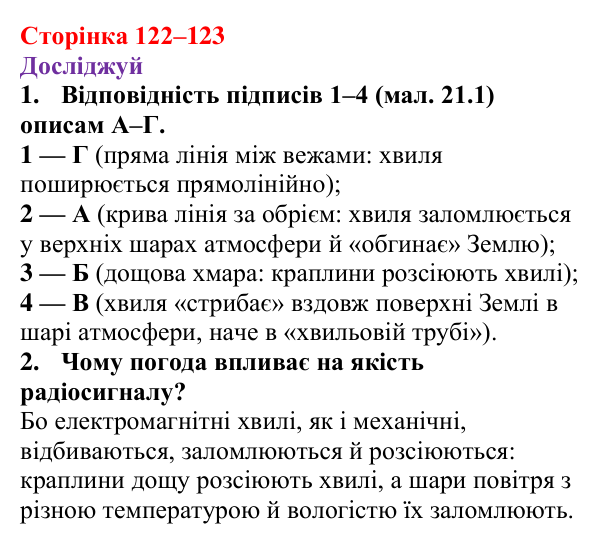 Відповіді до рубрики «Досліджуй» § 21 (с. 122–123) з фізики для 9 класу (Засєкіна, 2026): Властивості електромагнітних хвиль