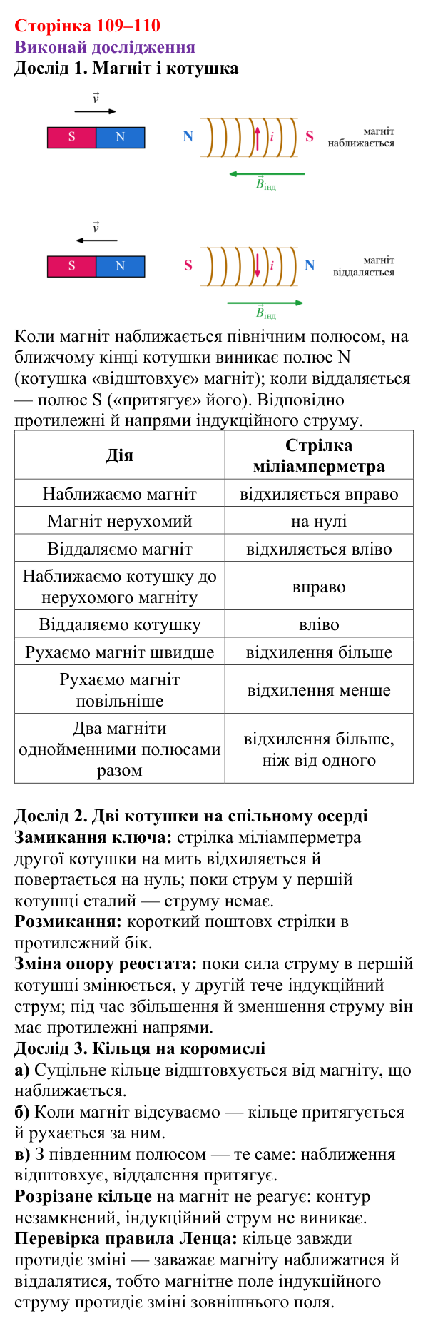 Рубрика «Виконай дослідження» § 18 (с. 109–110) з фізики для 9 класу (Засєкіна, 2026): Електромагнітна індукція