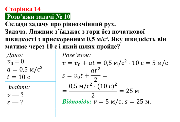 Розв’язок задачі 10 до § 1 (с. 14) з фізики для 9 класу (Засєкіна, 2026): Прямолінійний рівнозмінний рух