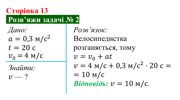 Розв’язок задачі 2 до § 1 (с. 13) з фізики для 9 класу (Засєкіна, 2026): Прямолінійний рівнозмінний рух
