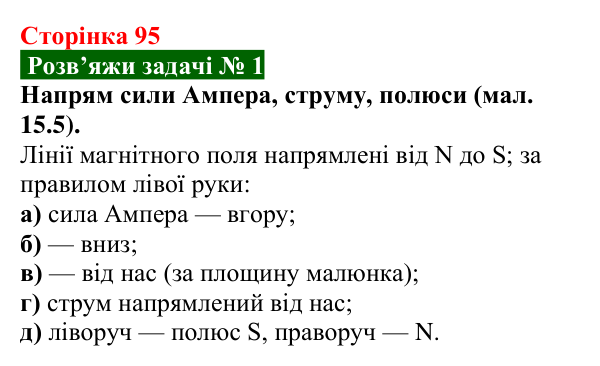 Розв’язок задачі 1 до § 15 (с. 95) з фізики для 9 класу (Засєкіна, 2026): Дія поля на провід зі струмом