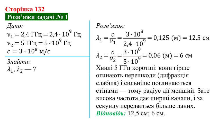 Розв’язок задачі 1 до § 22 (с. 132) з фізики для 9 класу (Засєкіна, 2026): Використання електромагнітних хвиль
