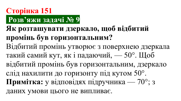 Розв’язок задачі 9 до § 25 (с. 151) з фізики для 9 класу (Засєкіна, 2026): Відбиття світла