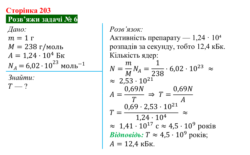 Розв’язок задачі 6 до § 32 (с. 203) з фізики для 9 класу (Засєкіна, 2026): Активність радіонуклідів