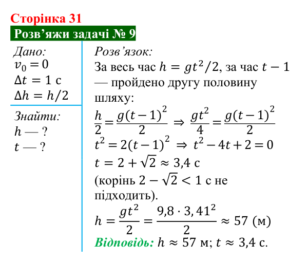 Розв’язок задачі 9 до § 4 (с. 31) з фізики для 9 класу (Засєкіна, 2026): Сила тяжіння і вільне падіння