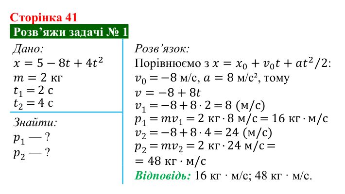 Розв’язок задачі 1 до § 6 (с. 41) з фізики для 9 класу (Засєкіна, 2026): Імпульс. Закон збереження імпульсу