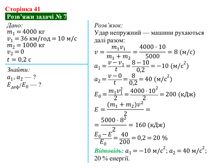 Розв’язок задачі 7 до § 6 (с. 41) з фізики для 9 класу (Засєкіна, 2026): Імпульс. Закон збереження імпульсу