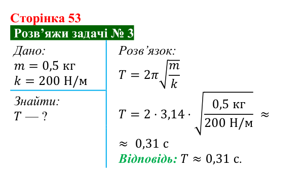 Розв’язок задачі 3 до § 8 (с. 53) з фізики для 9 класу (Засєкіна, 2026): Коливальний рух
