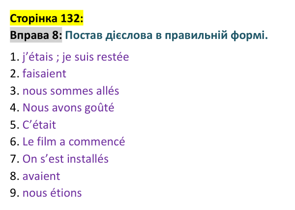 Відповідь до вправи 8 сторінка 132 ГДЗ Французька мова 9 клас Чумак 2026: Leçons 31–32