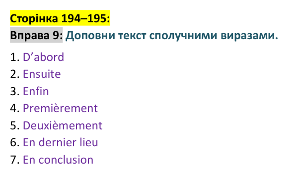 Відповідь до вправи 9 сторінка 194–195 ГДЗ Французька мова 9 клас Чумак 2026: Leçons 45–46