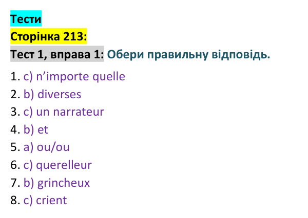 Відповідь до вправи 1 тесту 1 сторінка 213 ГДЗ Французька мова 9 клас Чумак 2026: Test 1. Ma famille, mes amis et moi