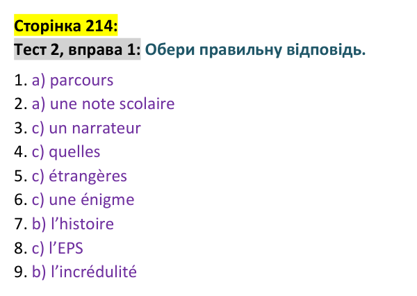 Відповідь до вправи 1 тесту 2 сторінка 214 ГДЗ Французька мова 9 клас Чумак 2026: Test 2. La vie scolaire