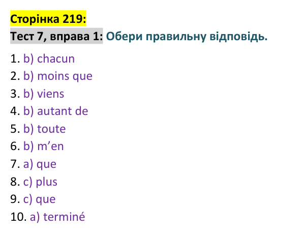 Відповідь до вправи 1 тесту 7 сторінка 219 ГДЗ Французька мова 9 клас Чумак 2026: Test 7. Les voyages