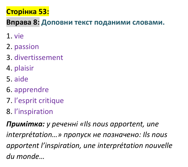 Відповідь до вправи 8 сторінка 53 ГДЗ Французька мова 9 клас Чумак 2026: Leçons 13–14