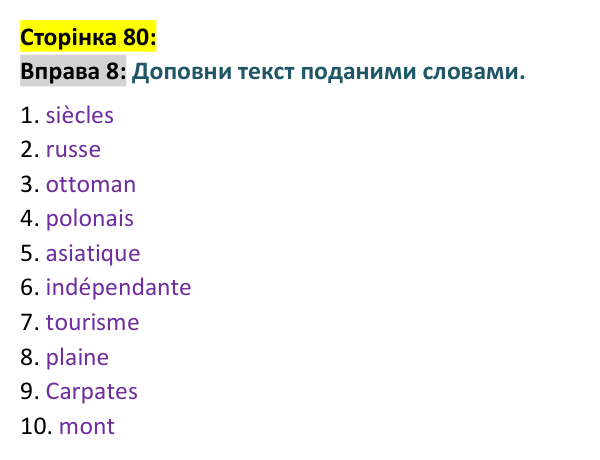 Відповідь до вправи 8 сторінка 80 ГДЗ Французька мова 9 клас Чумак 2026: Leçons 19–20