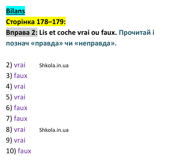 Відповідь до вправи 2 (с. 178–179) з французької мови для 9 класу, Ураєва 2026: Bilan 1