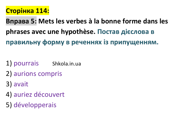 Відповідь до вправи 5 (с. 114) з французької мови для 9 класу, Ураєва 2026: Unité 6, Leçons 68–69. Révision 6