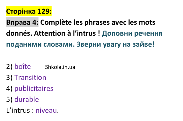 Відповідь до вправи 4 (с. 129) з французької мови для 9 класу, Ураєва 2026: Unité 7, Leçons 76–77