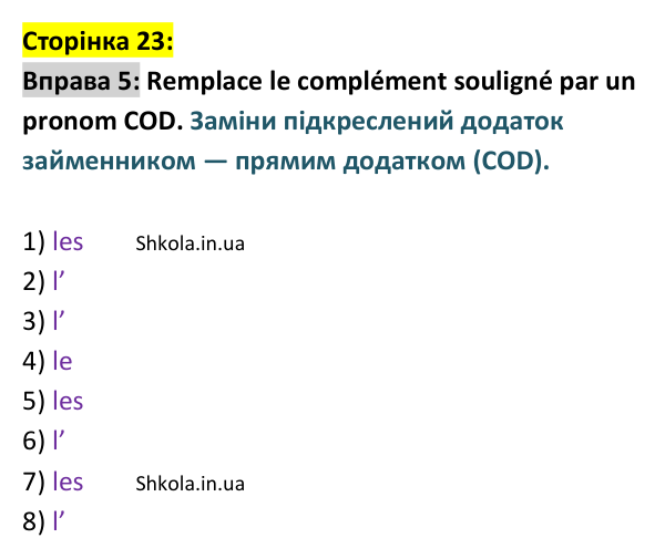 Відповідь до вправи 5 (с. 23) з французької мови для 9 класу, Ураєва 2026: Unité 1, Leçons 9–10. Révision 1