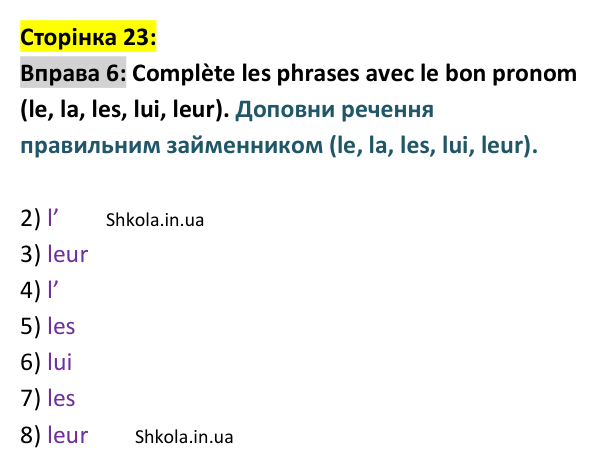 Відповідь до вправи 6 (с. 23) з французької мови для 9 класу, Ураєва 2026: Unité 1, Leçons 9–10. Révision 1